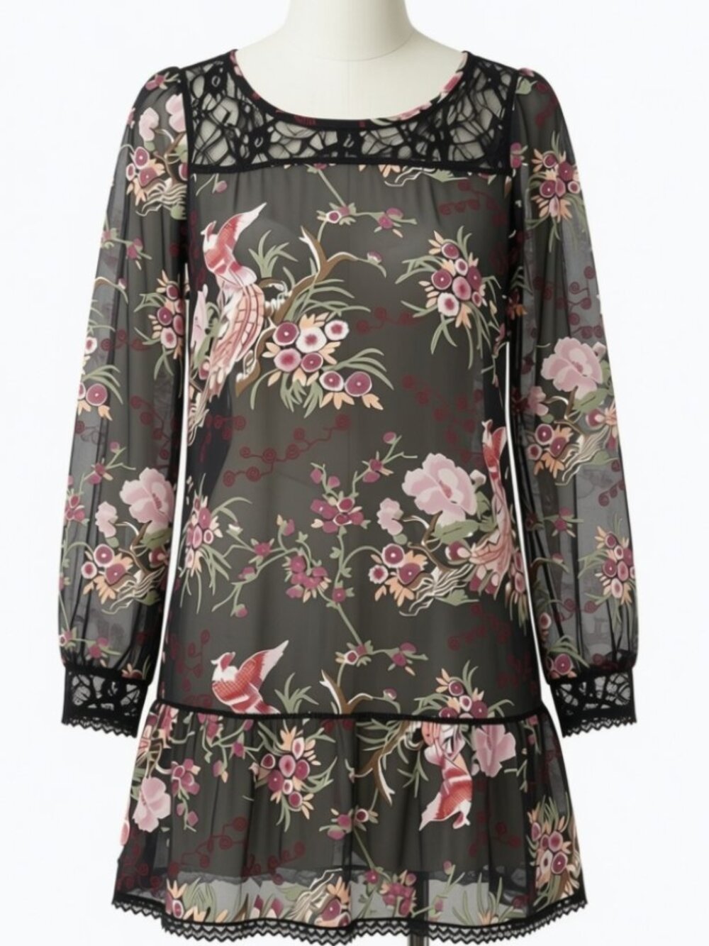 Boho Chinoiserie Floral Phoenix Black Chiffon Bell Sleeve Mini Dress Small